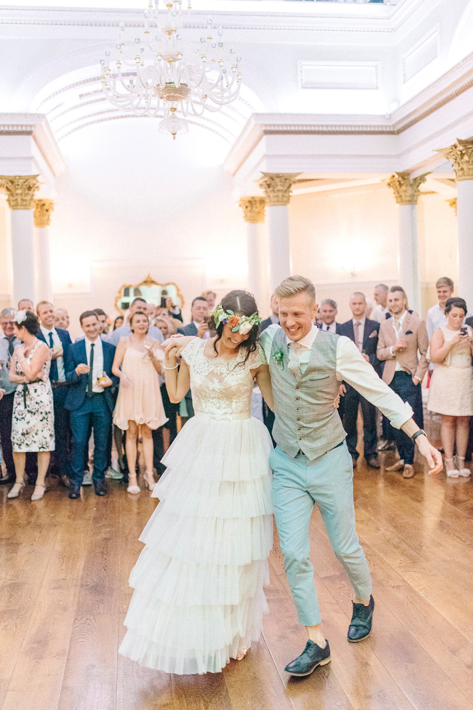 Bride Laura wore a tiered wedding dress by Katya Katya Shehurina for her peach wedding at Lartington Hall in Teesdale. Photography by Sarah Jane Ethan. Bride Laura wore a tiered wedding dress by Katya Katya Shehurina for her peach wedding at Lartington Hall in Teesdale. Photography by Sarah Jane Ethan.
