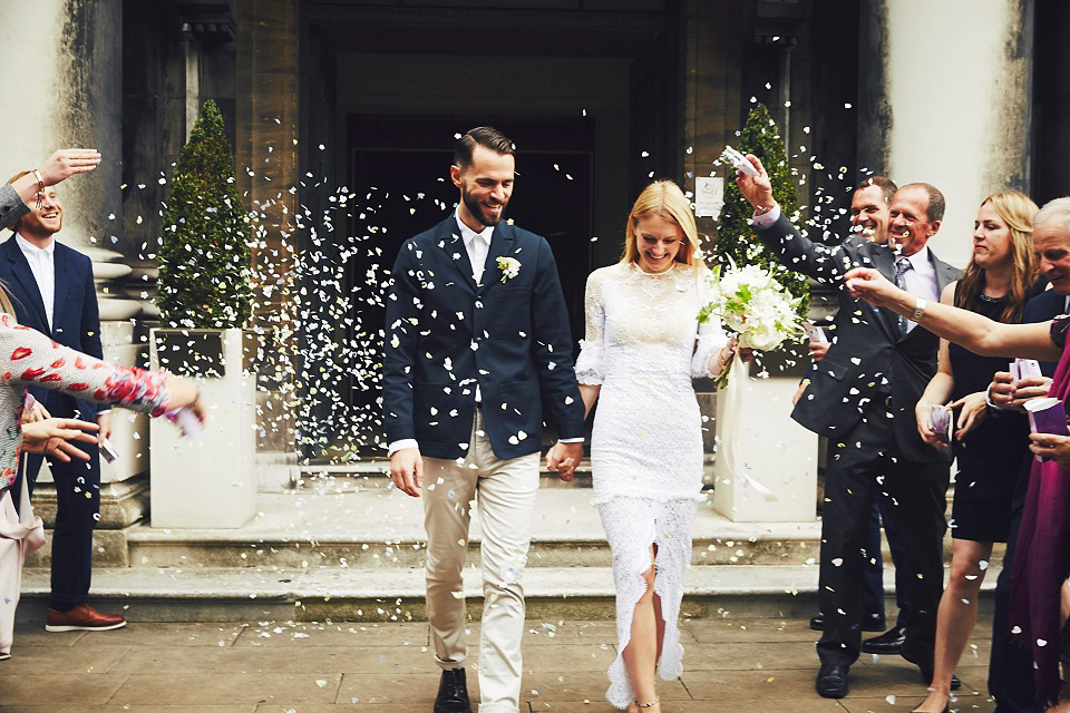 Bride Jessica wore two dresses for her modern, cool and contemporary London wedding, styled to perfection by Liz Linkleter.