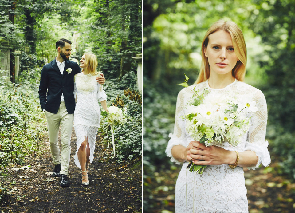 Bride Jessica wore two dresses for her modern, cool and contemporary London wedding, styled to perfection by Liz Linkleter.