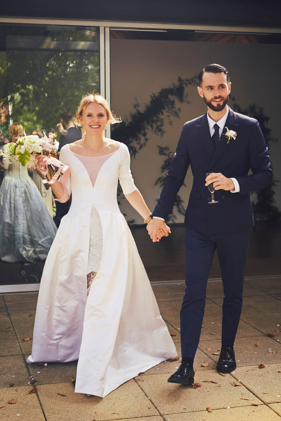 Bride Jessica wore two dresses for her modern, cool and contemporary London wedding, styled to perfection by Liz Linkleter.