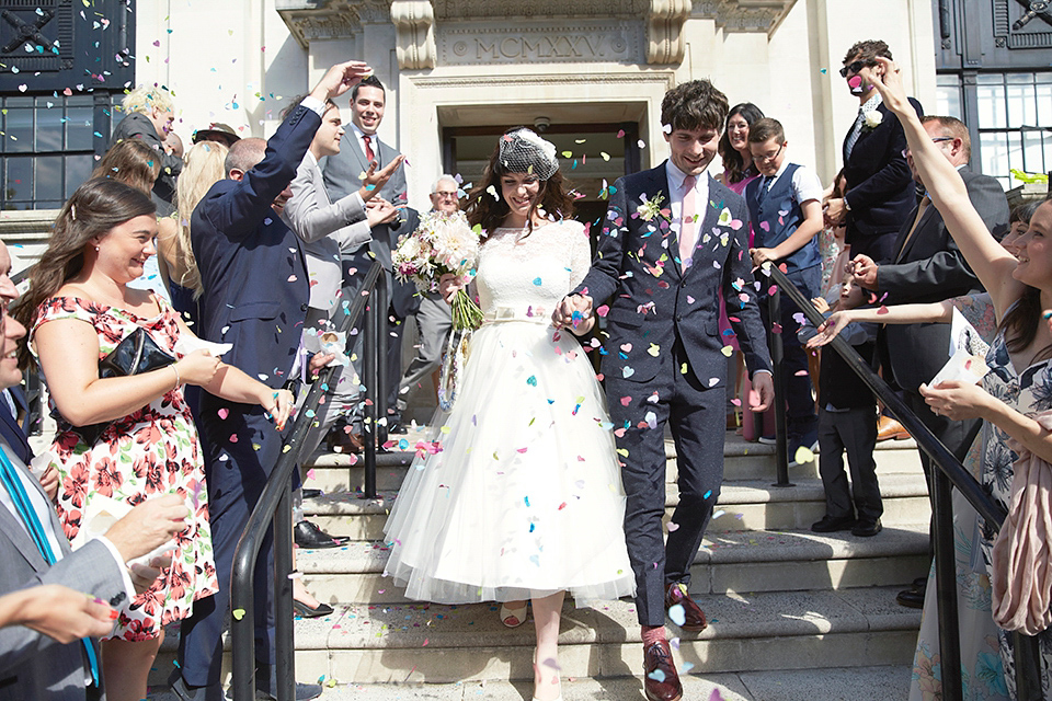 A 50's inspired tea-length dress for a pastel colour London pub wedding. Photography by Natalie J. Weddings.