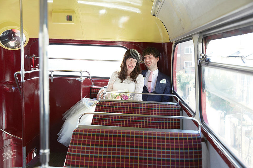 A 50's inspired tea-length dress for a pastel colour London pub wedding. Photography by Natalie J. Weddings.