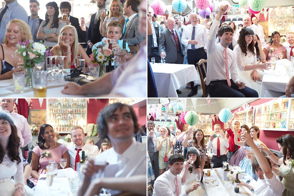 A 50's inspired tea-length dress for a pastel colour London pub wedding. Photography by Natalie J. Weddings.