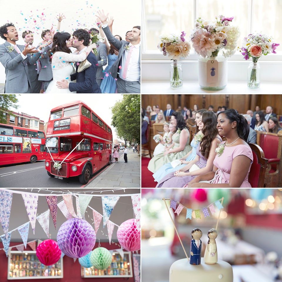 A 50's inspired tea-length dress for a pastel colour London pub wedding. Photography by Natalie J. Weddings.
