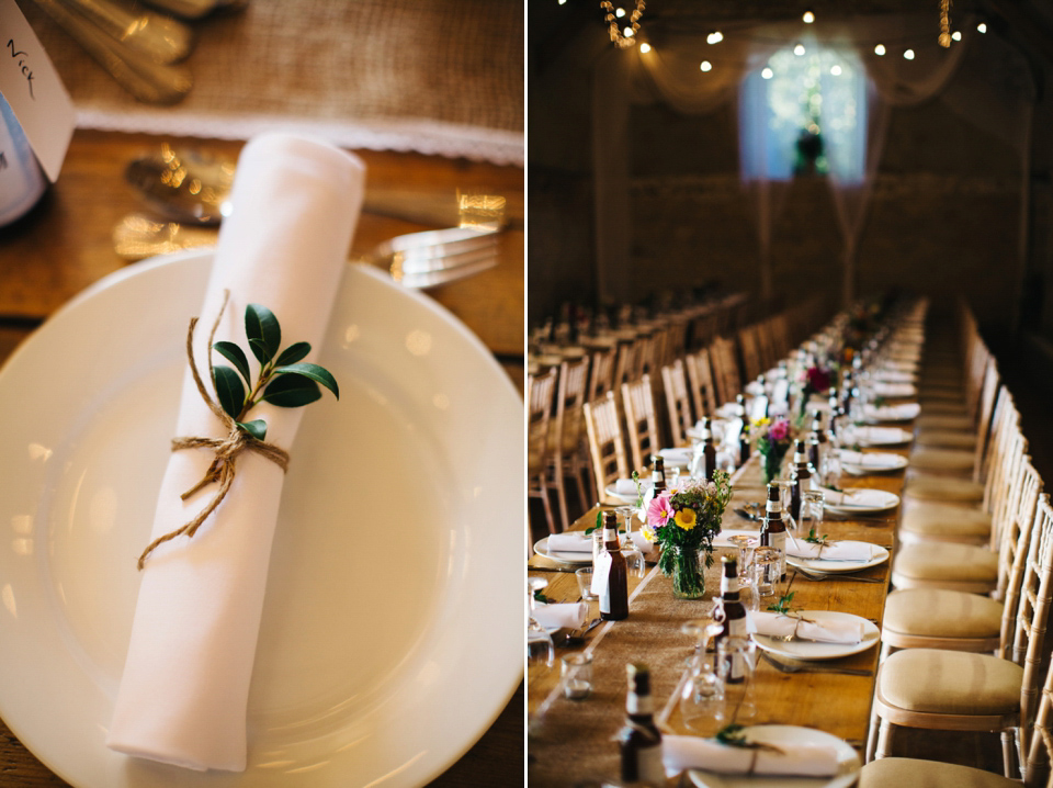 Leila wore a bespoke gown by dressmaker Dana Bolton for her rustic, homespun Autumn barn wedding. Photography by Richard Skins.