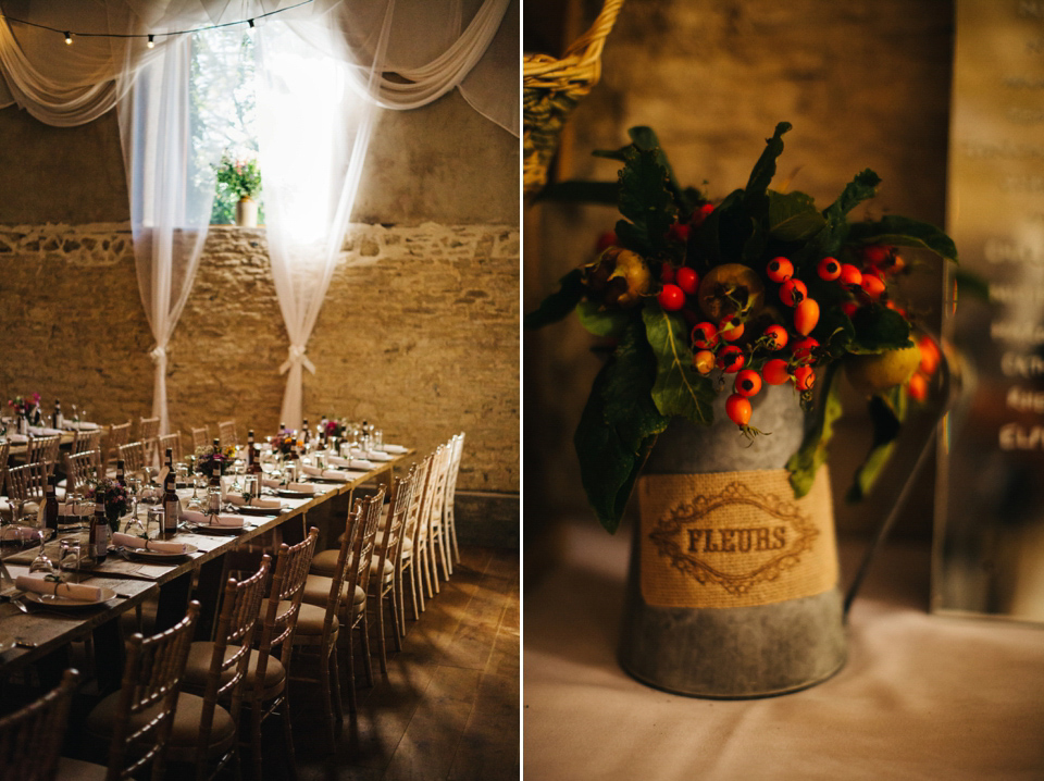 Leila wore a bespoke gown by dressmaker Dana Bolton for her rustic, homespun Autumn barn wedding. Photography by Richard Skins.