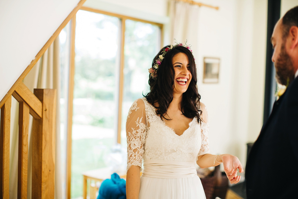 Leila wore a bespoke gown by dressmaker Dana Bolton for her rustic, homespun Autumn barn wedding. Photography by Richard Skins.