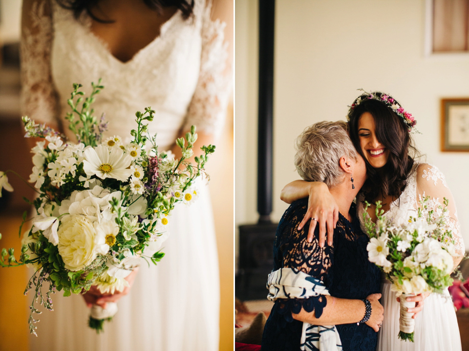 Leila wore a bespoke gown by dressmaker Dana Bolton for her rustic, homespun Autumn barn wedding. Photography by Richard Skins.