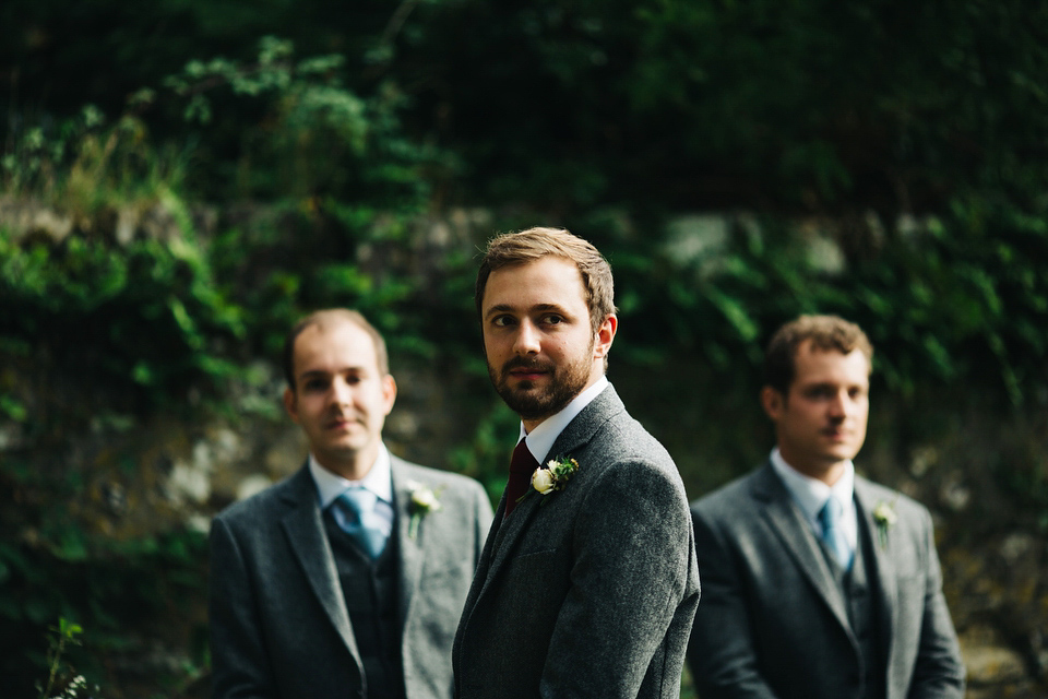 Leila wore a bespoke gown by dressmaker Dana Bolton for her rustic, homespun Autumn barn wedding. Photography by Richard Skins.