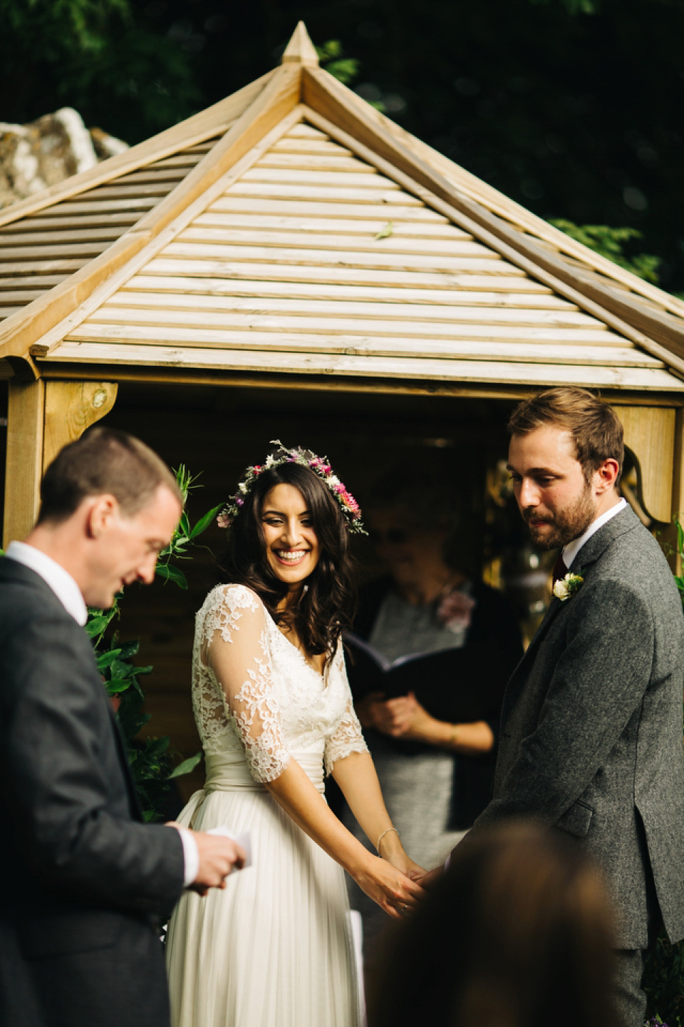 Leila wore a bespoke gown by dressmaker Dana Bolton for her rustic, homespun Autumn barn wedding. Photography by Richard Skins.