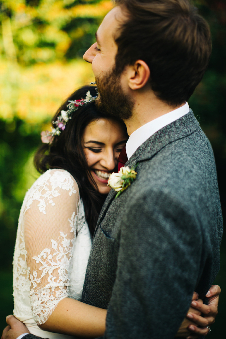 Leila wore a bespoke gown by dressmaker Dana Bolton for her rustic, homespun Autumn barn wedding. Photography by Richard Skins.