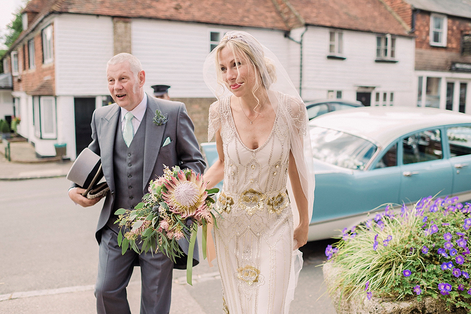 Jenny Packham glamour for a pale green pub wedding in Sussex. Photography by Razia N. Jukes.