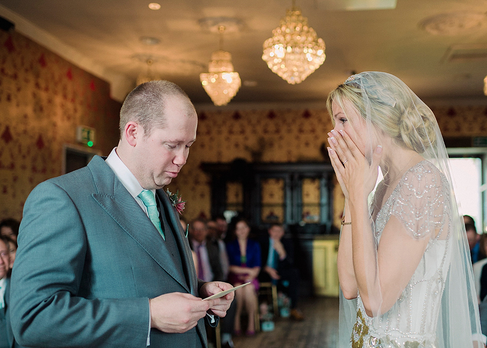 Jenny Packham glamour for a pale green pub wedding in Sussex. Photography by Razia N. Jukes.