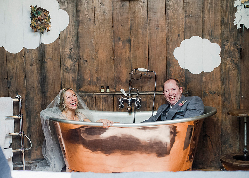 Jenny Packham glamour for a pale green pub wedding in Sussex. Photography by Razia N. Jukes.