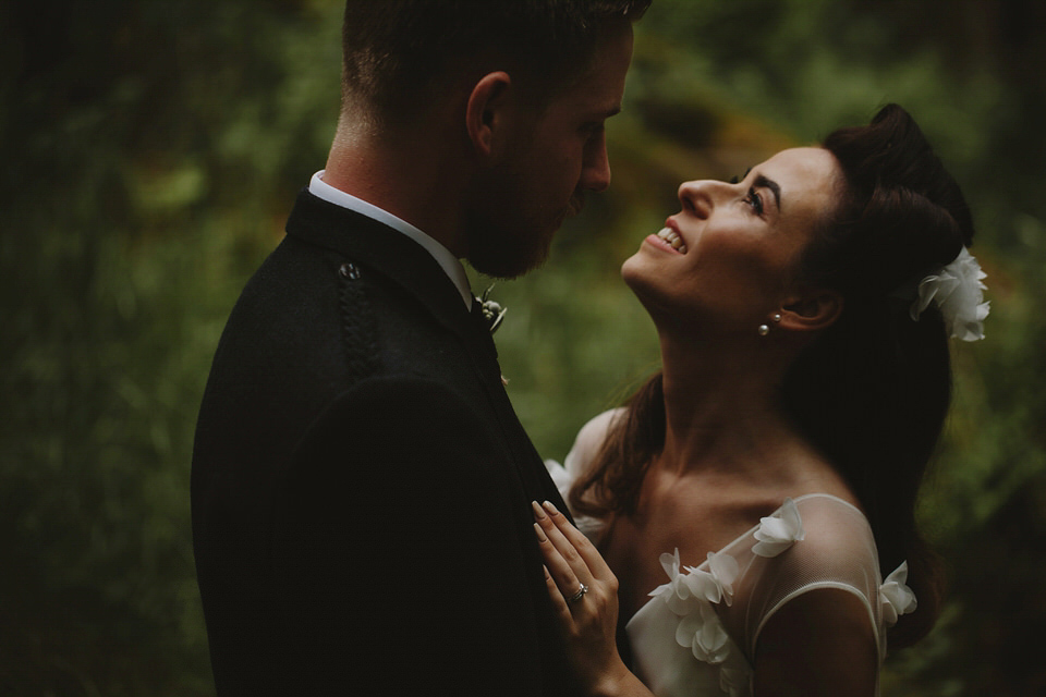 A David Fielden gown for a relaxed and nature inspired Humanist wedding at Coo Cathedral in the Scottish Highlands. Photography by The Curries.