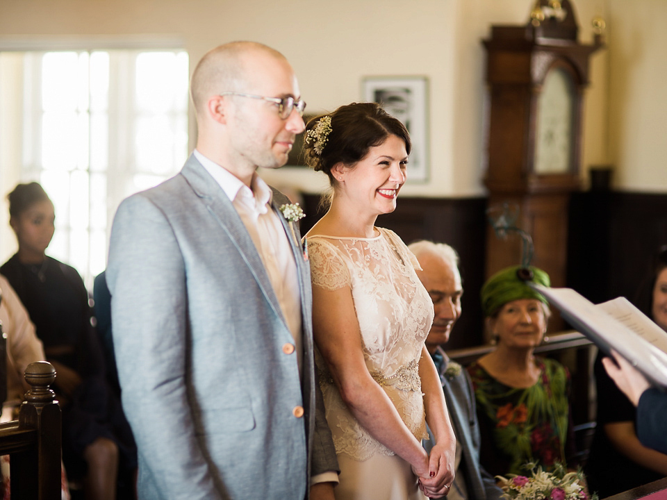 Verity wears a Halfpenny London gown for her garden party inspired wedding by the sea. Photography by John Barwood.