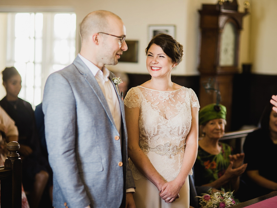 Verity wears a Halfpenny London gown for her garden party inspired wedding by the sea. Photography by John Barwood.