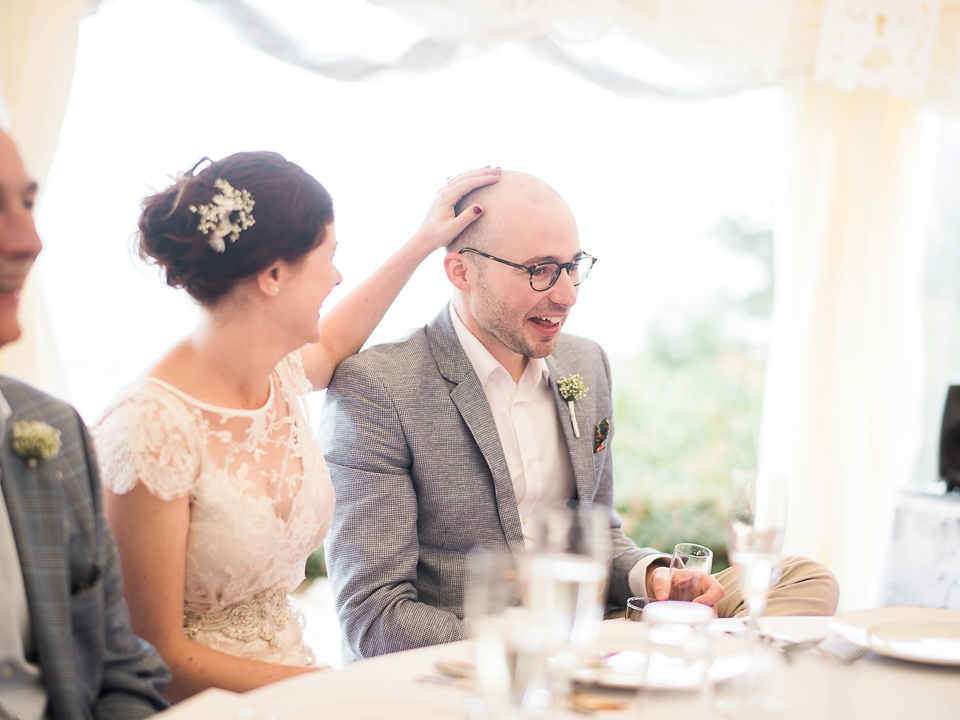 Verity wears a Halfpenny London gown for her garden party inspired wedding by the sea. Photography by John Barwood.