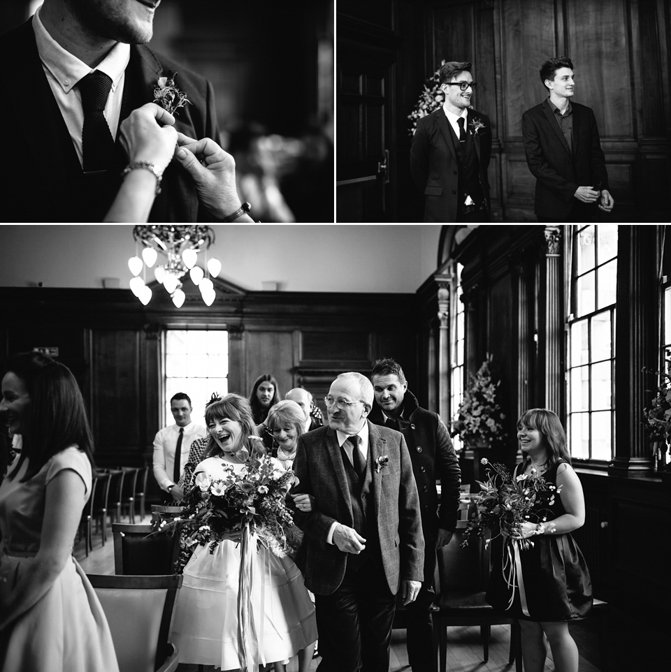 Lizzie wore a 1960's inspired short dress by Delphine Manivet for her intimate wedding in Edinburgh. Photography by Caro Weiss.