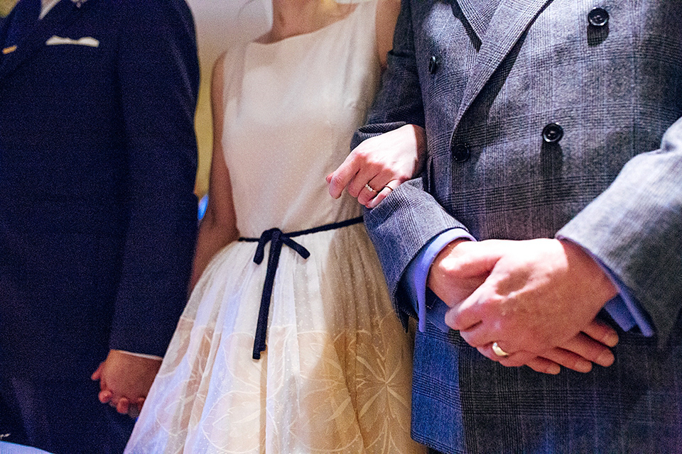 A short 60's inspired REDValentino dress for an Autumn wedding at Le Manoir Aux Quat'Saisons. Photography by Jordanna Marston.