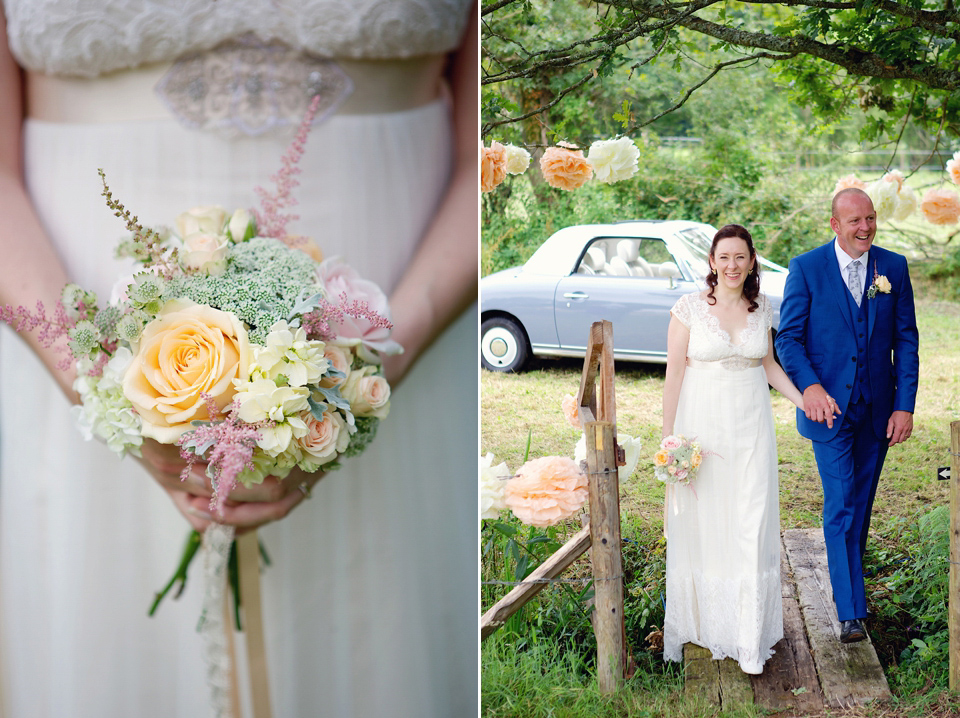 A Claire Pettibone dress for a British and French Summer garden party wedding. Photography by Lydia Stamps.