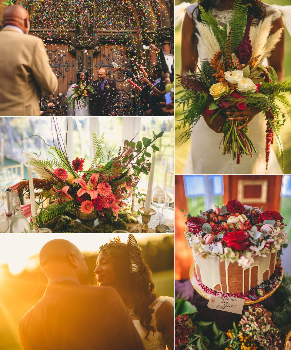 Bold colour and angel wings for a dramatic vintage drama meets whimsical elegance wedding. Images by Miki Photography.