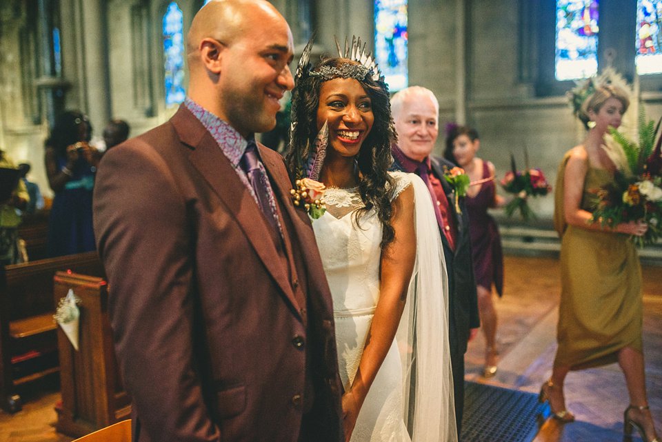 Bold colour and angel wings for a dramatic vintage drama meets whimsical elegance wedding. Images by Miki Photography.