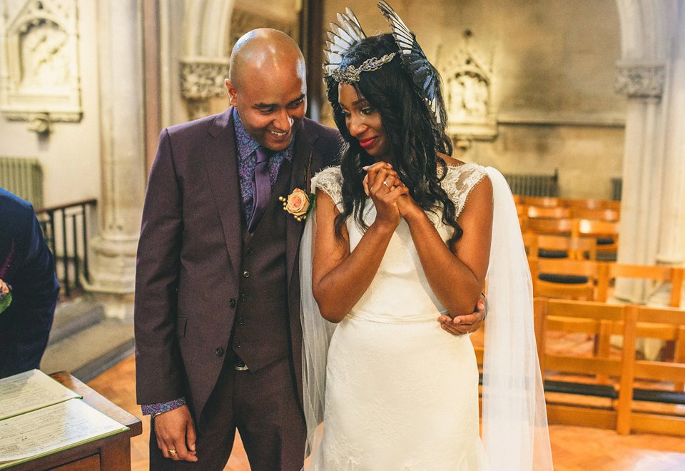 Bold colour and angel wings for a dramatic vintage drama meets whimsical elegance wedding. Images by Miki Photography.