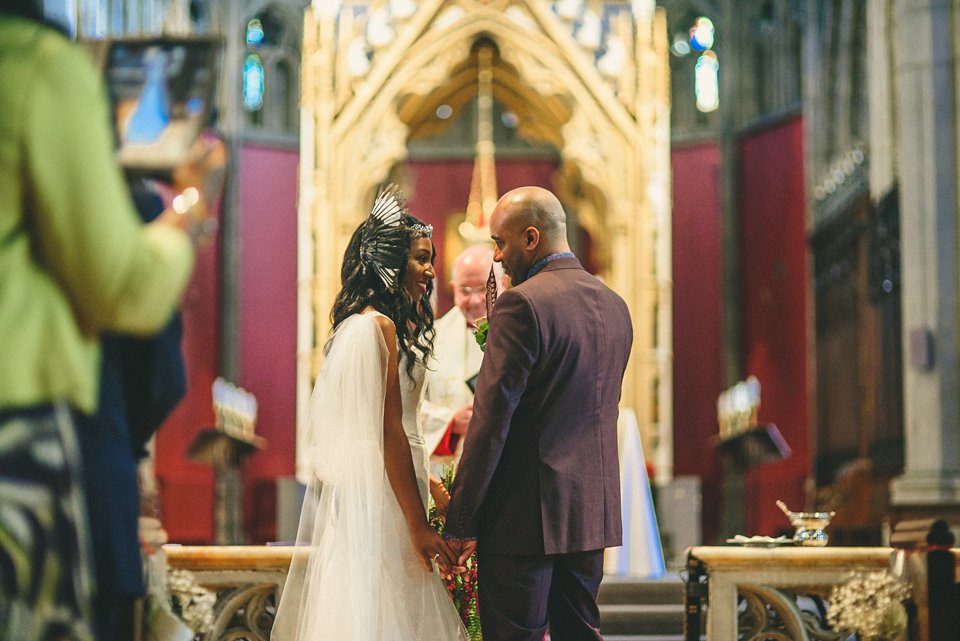 Bold colour and angel wings for a dramatic vintage drama meets whimsical elegance wedding. Images by Miki Photography.