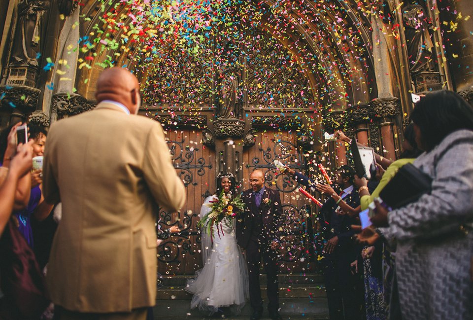 Bold colour and angel wings for a dramatic vintage drama meets whimsical elegance wedding. Images by Miki Photography.