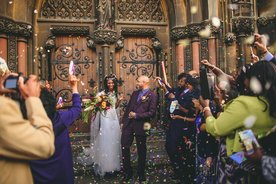 Bold colour and angel wings for a dramatic vintage drama meets whimsical elegance wedding. Images by Miki Photography.