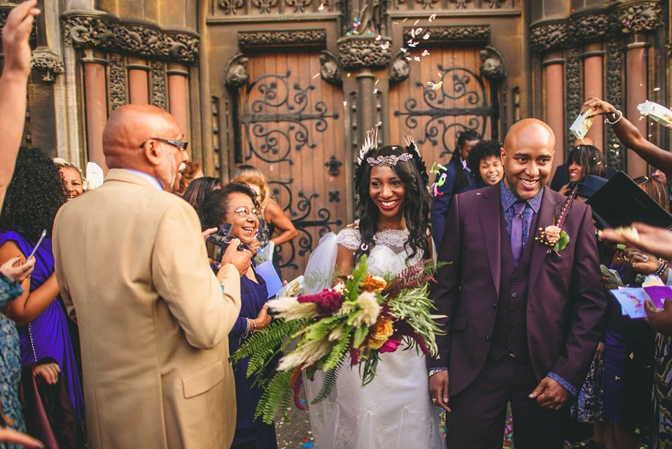 Bold colour and angel wings for a dramatic vintage drama meets whimsical elegance wedding. Images by Miki Photography.