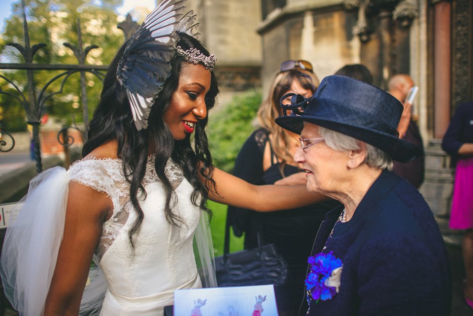 Bold colour and angel wings for a dramatic vintage drama meets whimsical elegance wedding. Images by Miki Photography.