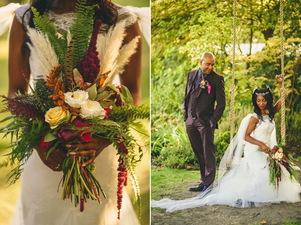 Bold colour and angel wings for a dramatic vintage drama meets whimsical elegance wedding. Images by Miki Photography.