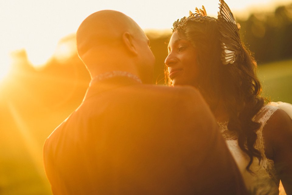 Bold colour and angel wings for a dramatic vintage drama meets whimsical elegance wedding. Images by Miki Photography.