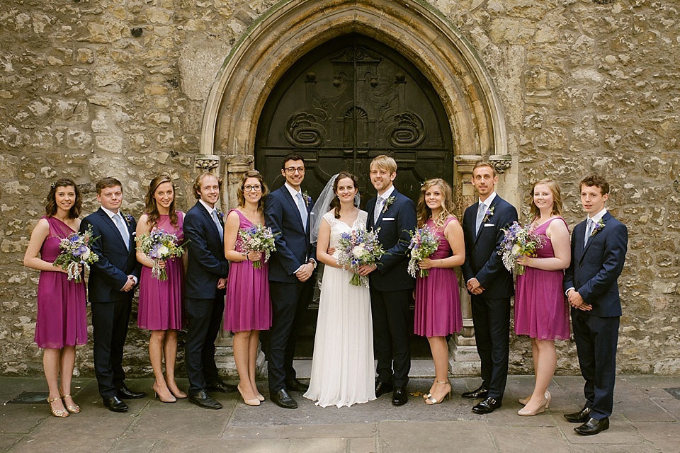 A sweet Dessy bride and her maids in pretty purple for a floral wedding in London. Lily Sawyer Photography.
