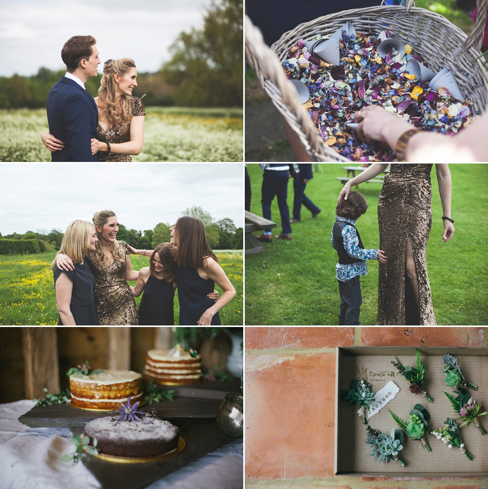 Rah wore a gold sequin wedding dress for her Suffolk barn wedding with a twist. Photography by Emily Brittain.