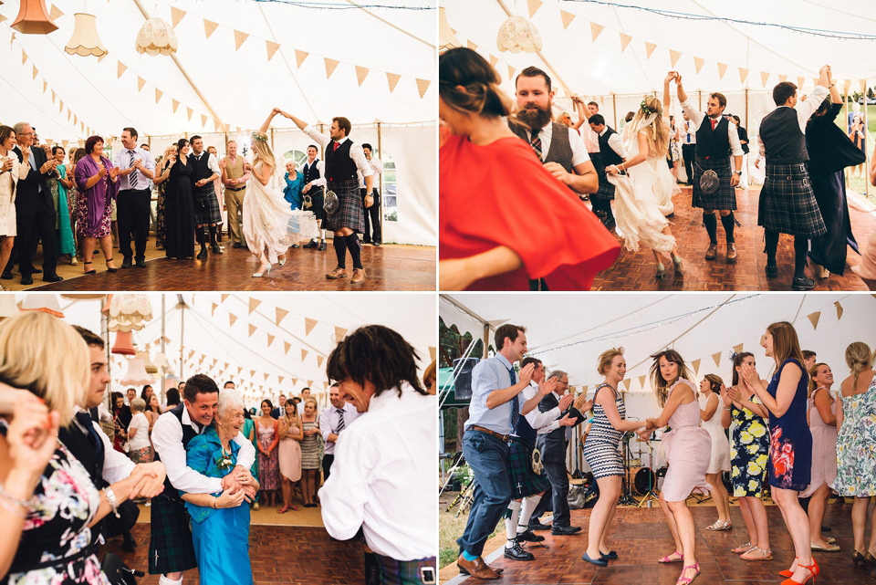 Bride Hannah wore a delicate lace gown by designer Jane Bourvis for her rustic and whimsical woodland wedding. Photography by Red on Blonde.