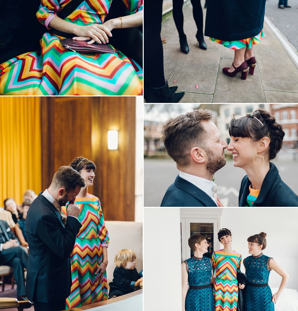 Megan wears a colourful rainbow Valentino gown for her cool and quirky London pub wedding. Photography by Lee Garland.