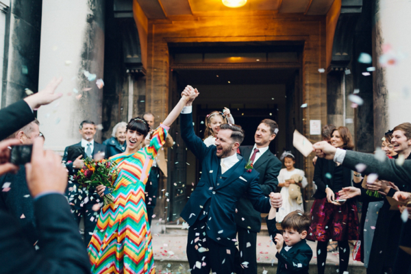 A Colourful Rainbow Valentino Dress for a Cool and Quirky London Pub Wedding in Winter