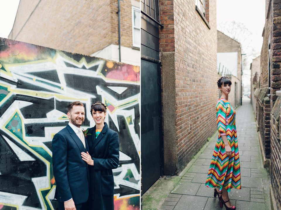 Megan wears a colourful rainbow Valentino gown for her cool and quirky London pub wedding. Photography by Lee Garland.