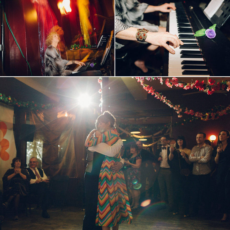 Megan wears a colourful rainbow Valentino gown for her cool and quirky London pub wedding. Photography by Lee Garland.