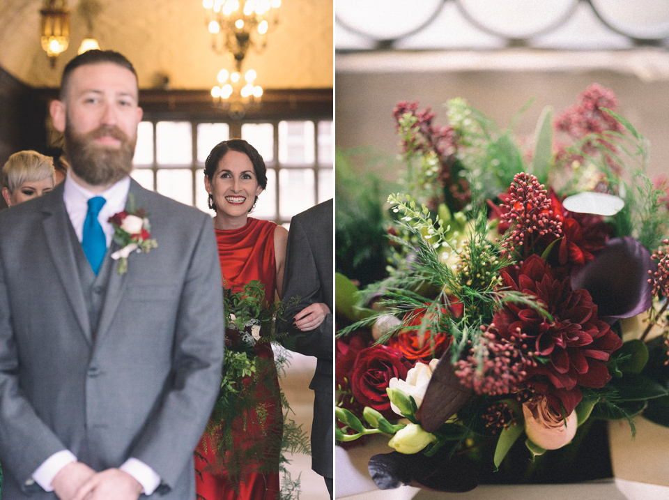 Nicola wears a red silk Amanda Wakeley dress for her glamorous Autumn wedding. Photography by Chiron Cole.