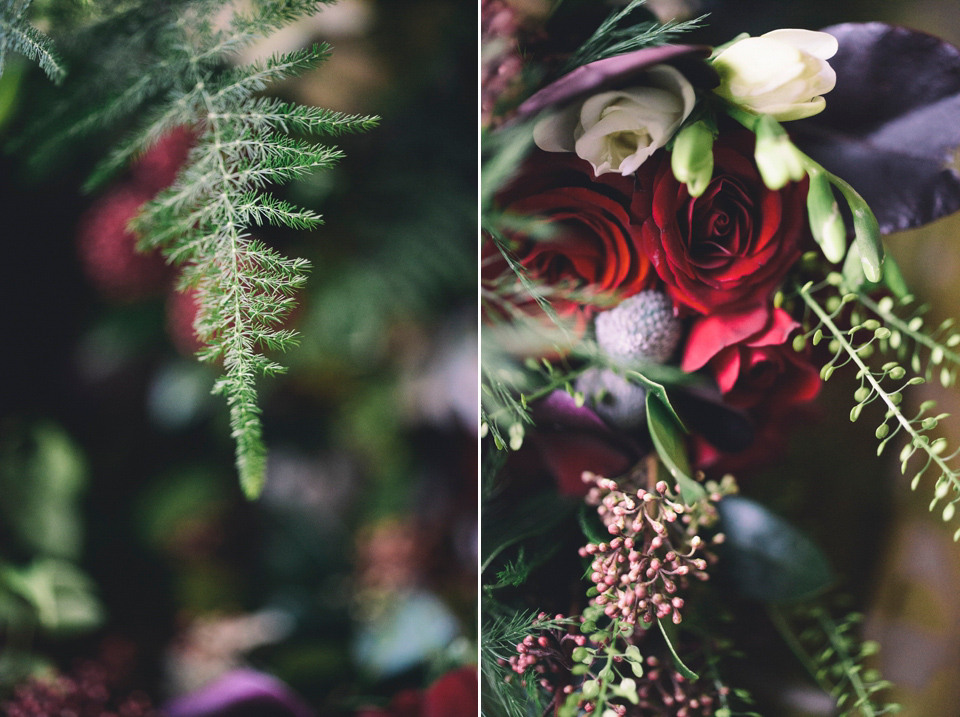 Nicola wears a red silk Amanda Wakeley dress for her glamorous Autumn wedding. Photography by Chiron Cole.