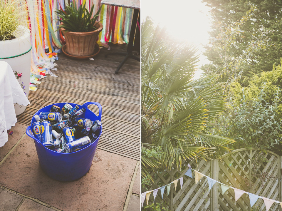 Kat wore an Oxfam wedding dress for her laid back and homemade wedding in her Mum's back garden. Photography by India Hobson.