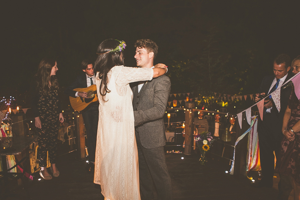 Kat wore an Oxfam wedding dress for her laid back and homemade wedding in her Mum's back garden. Photography by India Hobson.