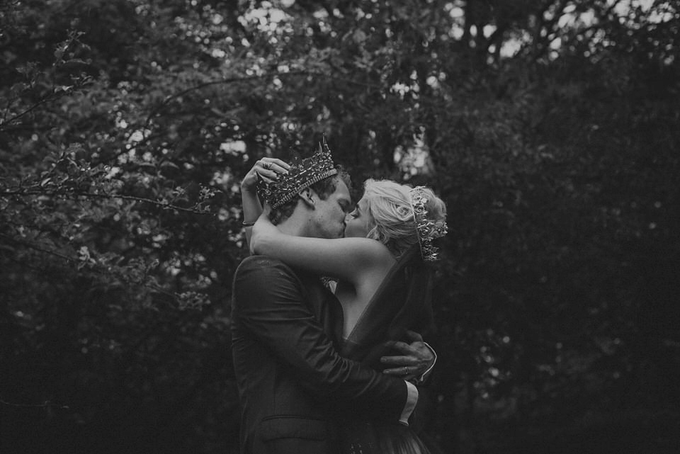 Victoria wore an alternative ballgown style dress by Aftershock for her intimate, outdoor, rainy day wedding in Scotland. Images by Drawing Room Photography.