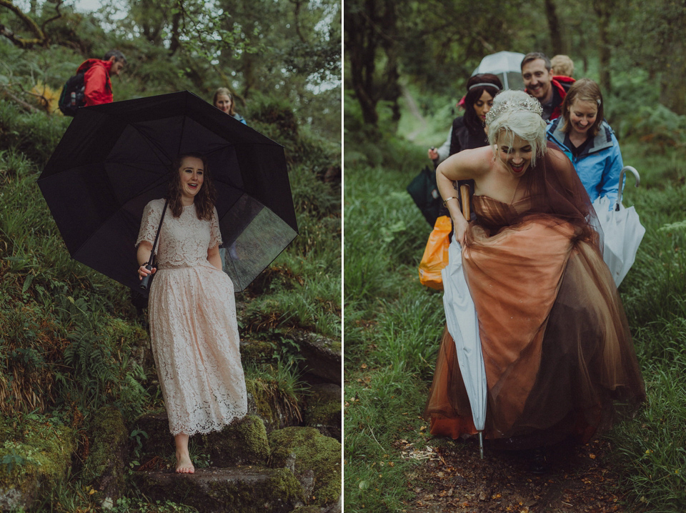 Victoria wore an alternative ballgown style dress by Aftershock for her intimate, outdoor, rainy day wedding in Scotland. Images by Drawing Room Photography.