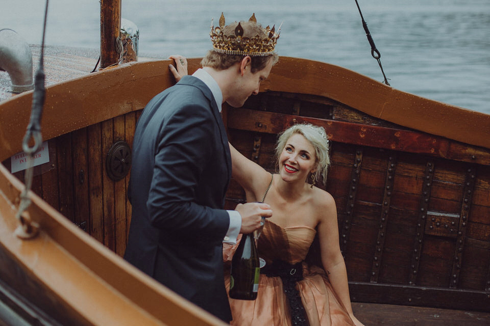 Victoria wore an alternative ballgown style dress by Aftershock for her intimate, outdoor, rainy day wedding in Scotland. Images by Drawing Room Photography.