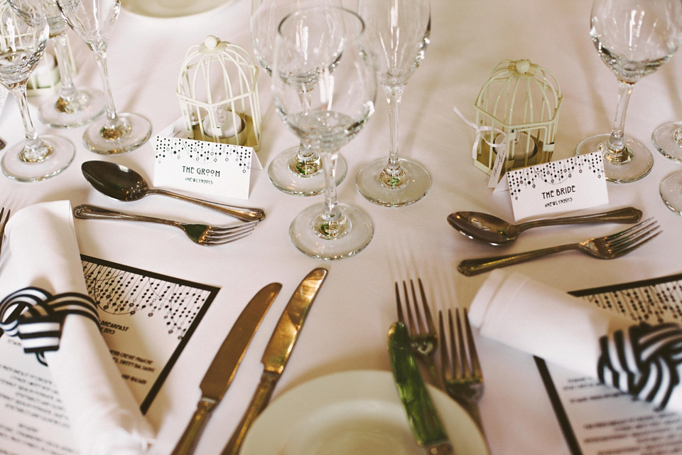 A cut-out dress made by the bride for her modern monochrome and Art Deco inspired wedding. Photography by Naomi Fowler.